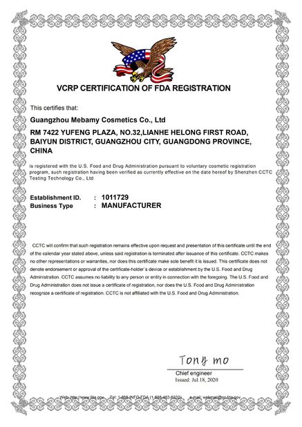 Porcellana Guangzhou Mebamy Cosmetics Co., Ltd Certificazioni